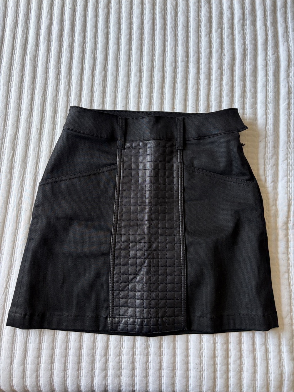 7Fam Black Leather Quilted Panel Mini Skirt with pockets